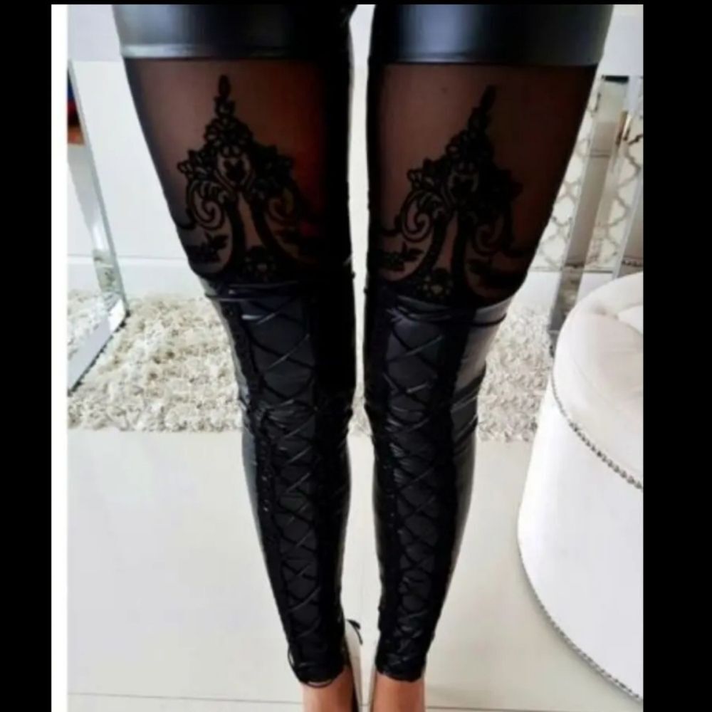 Ladies Elegant Black Lace Panel Leggings Sz Large - Picture 7 of 12